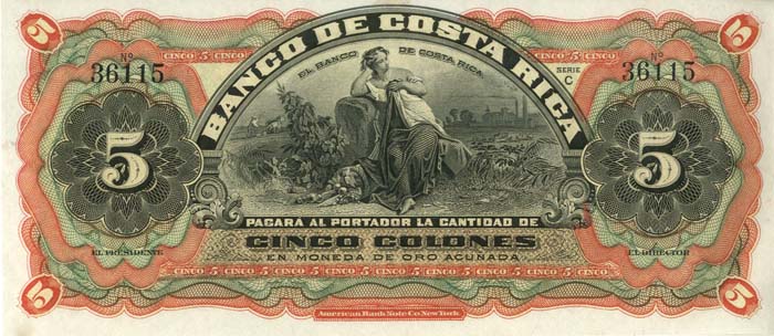 Costa Rica - 5 Colones, Unsigned - P-S173r - 1901-08 dated Foreign Paper Money